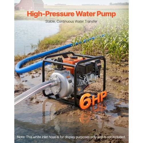 Hochdruck-Wasserpumpe mit 6-PS-Motor neben einem Teich, verbunden mit Schläuchen; Text besagt „Stabile, kontinuierliche Wasserübertragung" und vermerkt, dass der Einlassschlauch nicht enthalten ist.