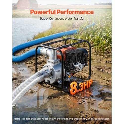 Landwirtschaftliche Wasserpumpe auf einem Feld, gezeigt mit Schläuchen, gekennzeichnet als „Leistungsstarke Leistung" und „Stabile, kontinuierliche Wasserübertragung""; Text hebt „8,3 PS"" hervor und vermerkt, dass Schläuche nur zur Anschauung dienen.