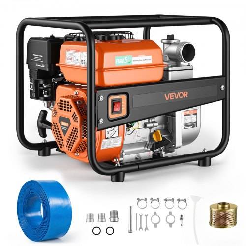 Tragbare VEVOR Gaswasserpumpe mit Motor, gezeigt mit mitgeliefertem blauem Schlauch, Verschraubungen, Schellen, Schraubenschlüsseln und Ansaugsieb.