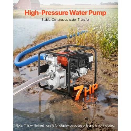 Hochdruckwasserpumpe in einem Feld neben Wasser, mit angebrachten Schläuchen und Text, der lautet „Hochdruckwasserpumpe", „Stabile, kontinuierliche Wasserförderung"" und „7 PS"".