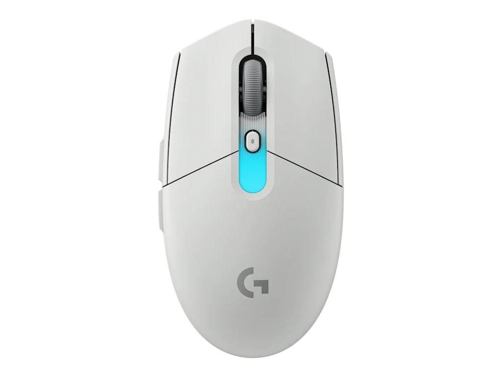 Weiße kabellose Computermaus von oben gezeigt, mit grauem Scrollrad und blau leuchtender mittlerer Taste.