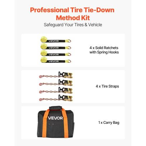 Werbebild für "Professional Tire Tie-Down Method Kit"" mit 4 stabilen Ratschengurten mit Federhaken, 4 Reifengurten und 1 Tragetasche.