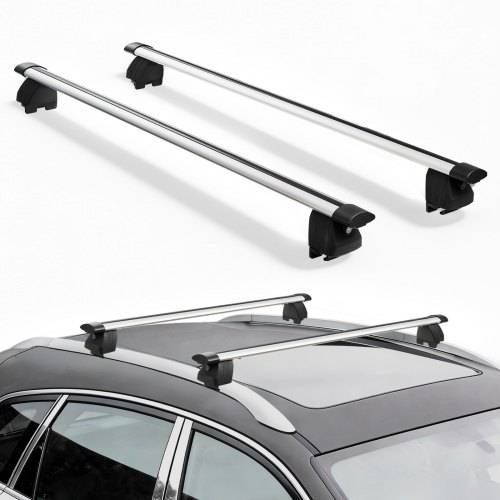 Paar von Dachgepäckträgern, die oben auf einer Limousine gezeigt werden und ein Dachgepäck-Tragesystem veranschaulichen.