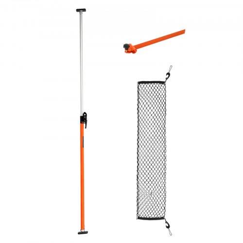Teleskopstange aus Orange mit schwarzem Griff neben einem aufgerollten schwarzen Netzfangbeutel mit Clips.
