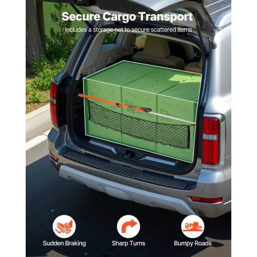 Kofferraum eines SUV mit einer grünen Aufbewahrungsbox, die durch ein Netz gesichert ist; der Text sagt „Sichere Ladungstransporte" und weist darauf hin, dass es hilft, Gegenstände bei plötzlichem Bremsen, scharfen Kurven und holprigen Straßen sicher zu halten.