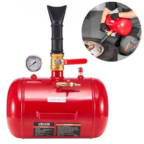 Roter Drucklufttank mit Manometer, Ventil und Schlauchanschluss, gezeigt mit Ausschnitt eines Mechanikers, der einen Reifen aufpumpt.