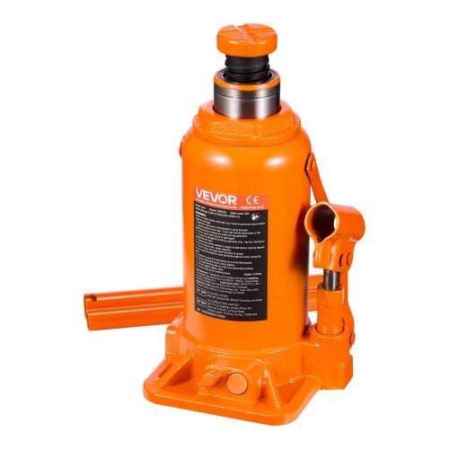 Orange-Flaschenwagenheber mit Seitengriff und Hubsattel, gekennzeichnet mit VEVOR, auf weißem Hintergrund.