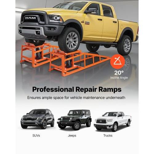 Gelber RAM-Pickup auf orangefarbenen Reparaturrampen mit Badge „20° Neigungswinkel"; Text lautet „Professionelle Reparaturrampen"" und „Gewährleistet ausreichend Platz für Fahrzeugwartung darunter"", mit SUVs, Jeeps und Lastkraftwagen unten gezeigt.