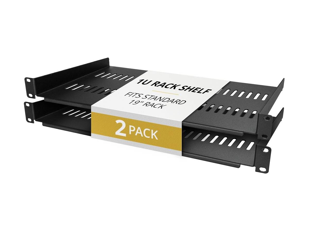 Zwei-teiliges Set schwarze 1U-Regalböden für 19-Zoll-Standard-Racks, gezeigt mit Produktverpackung.
