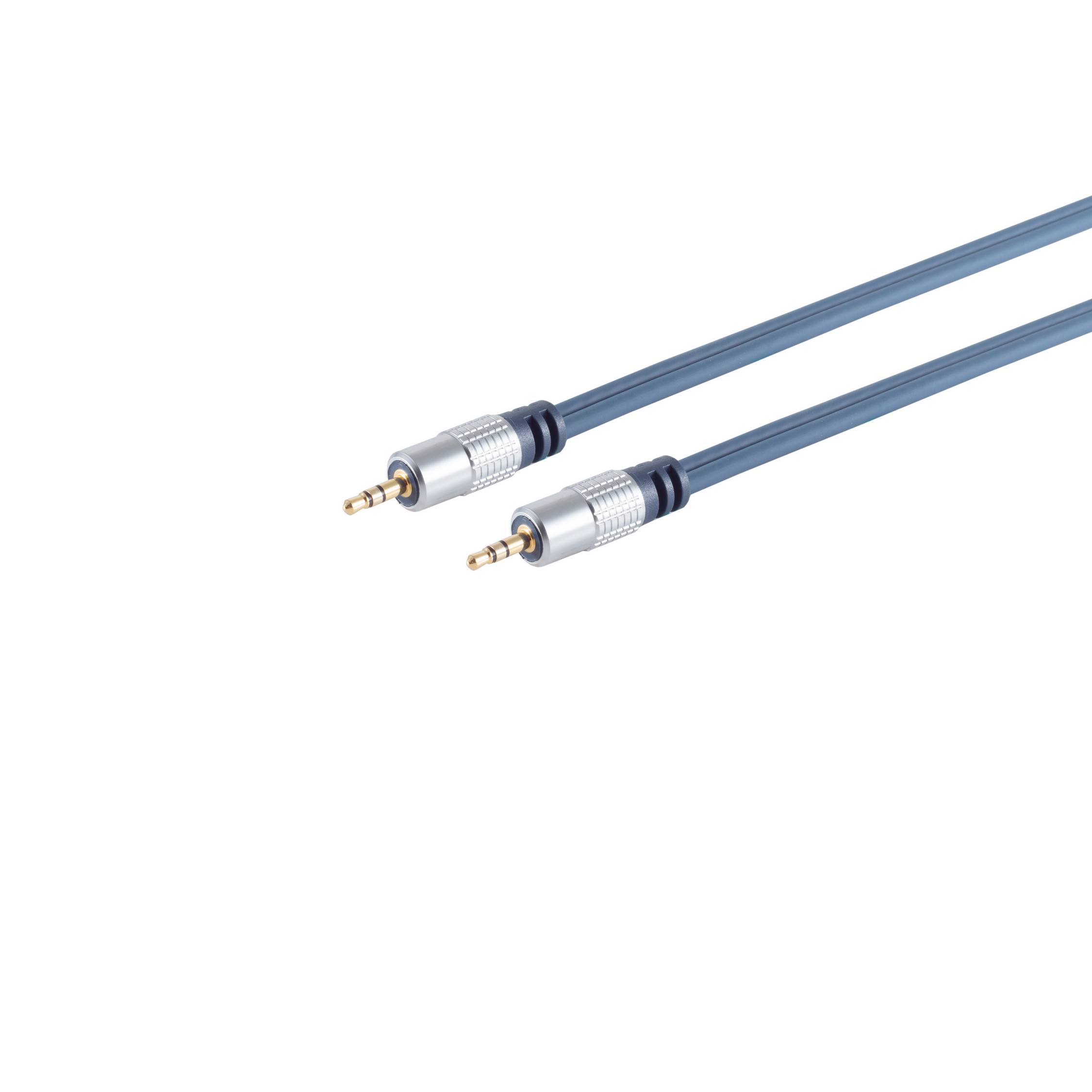 Zwei blaue 3,5-mm-Stereokabel mit Metallsteckern auf weißem Hintergrund.