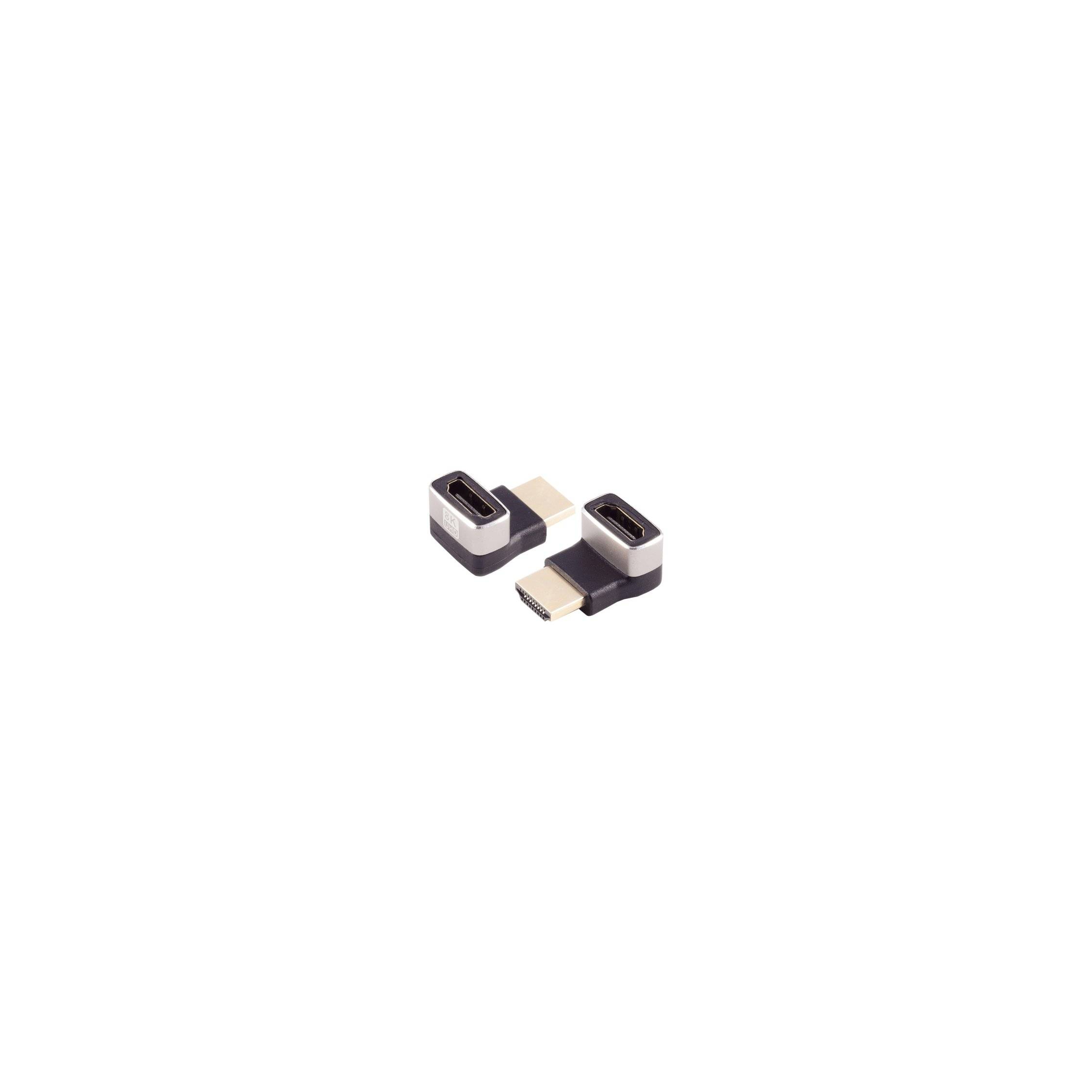 Zwei kleine rechtwinklige USB-C-Adapter-Stecker auf weißem Hintergrund.