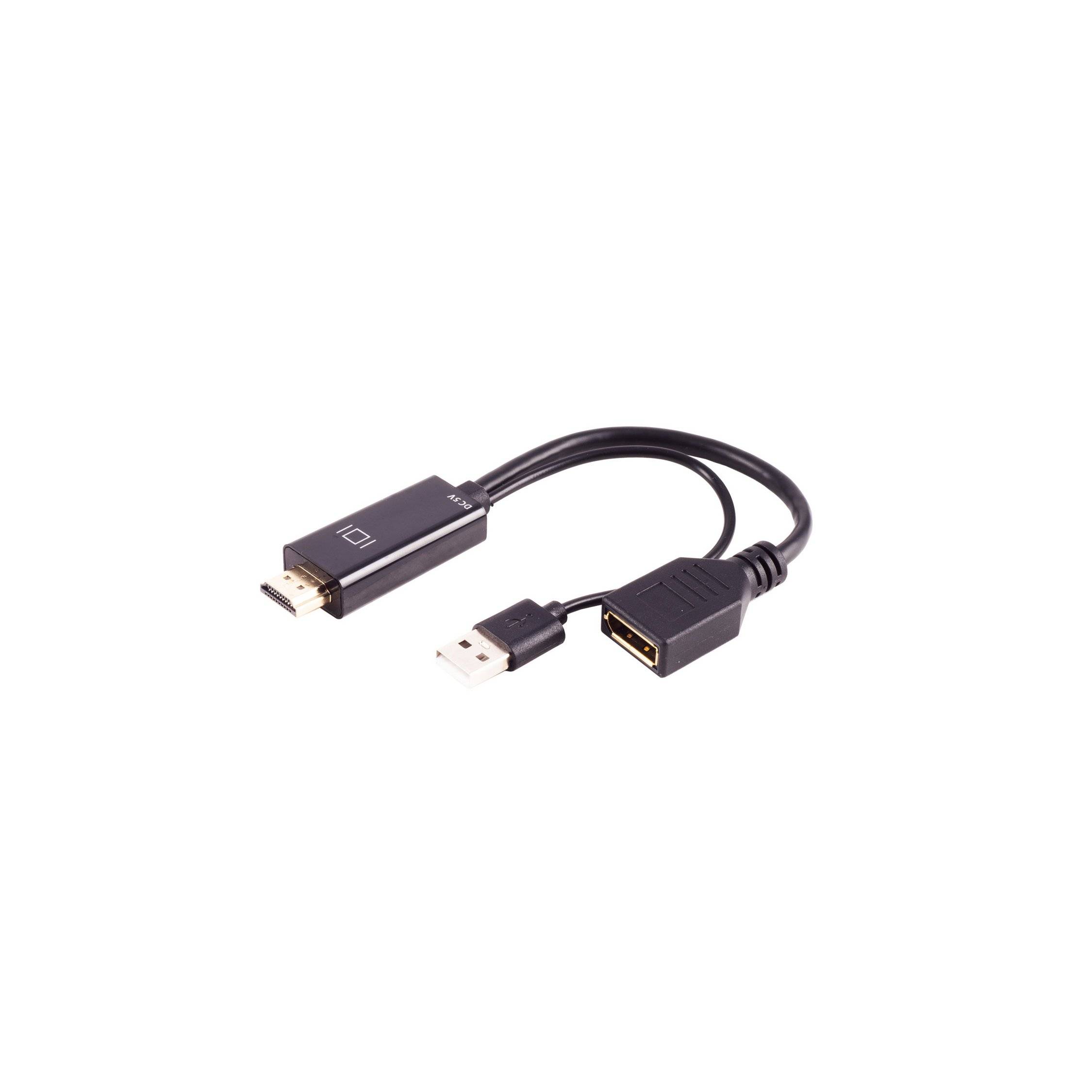 USB-Adapterkabel mit einem DisplayPort-Stecker und zwei USB-A-Steckern, das zum Verbinden eines Anzeigegeräts mit einem Computer verwendet wird.
