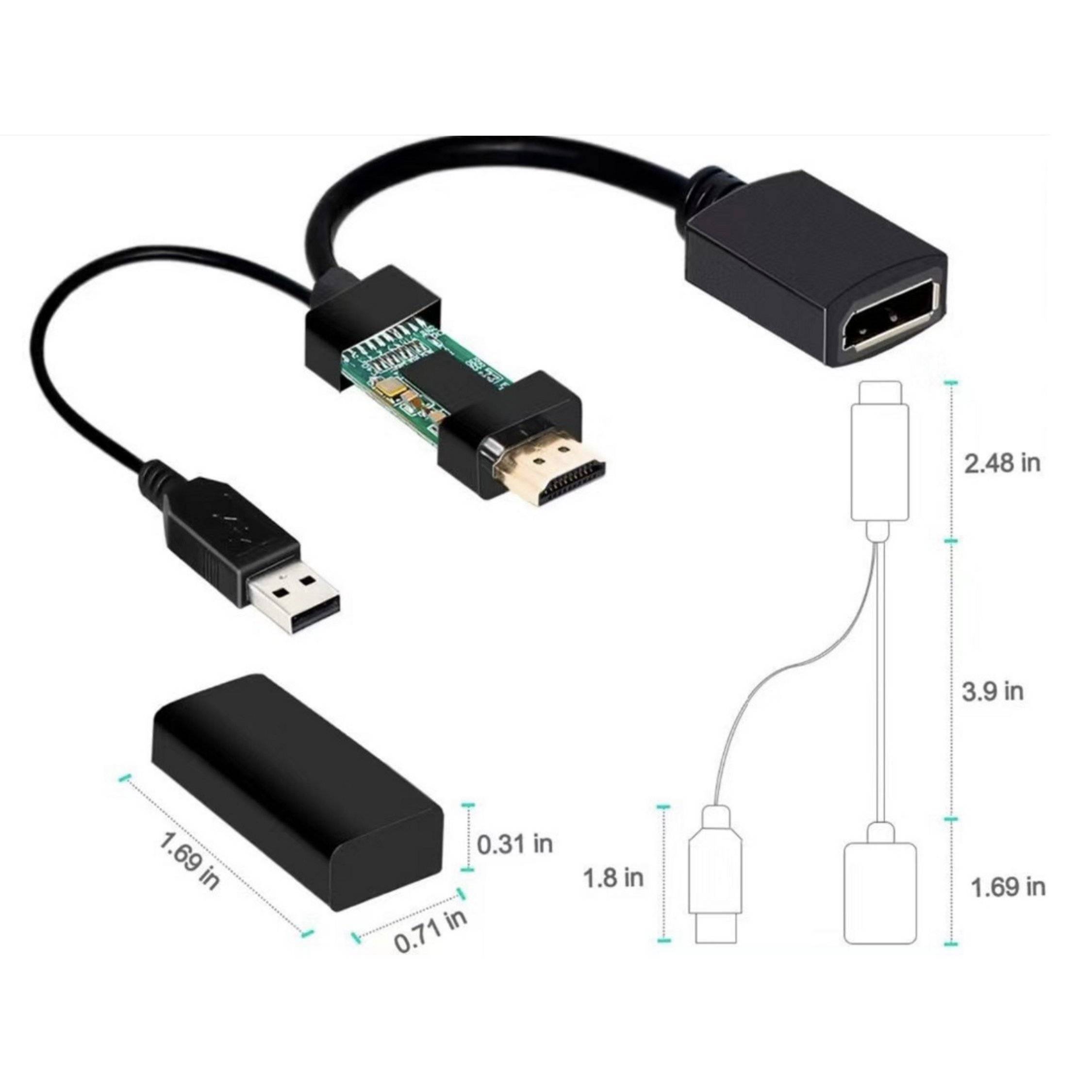USB-Stecker-auf-HDMI-Buchse-Adapterkabel mit Größendiagramm und Abmessungen in Zoll.