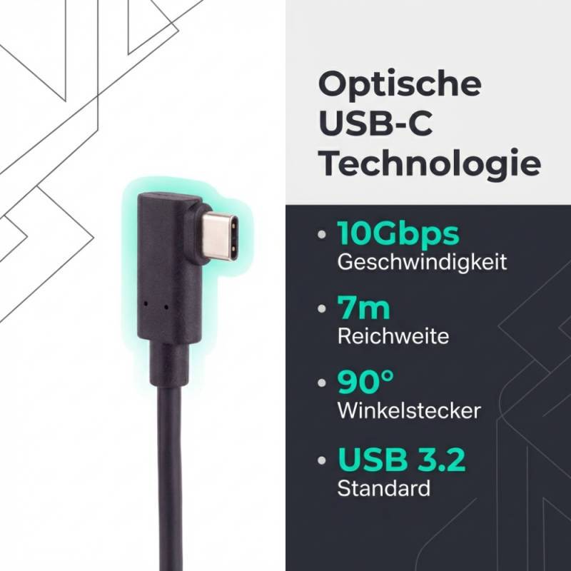 Infografik eines optischen USB-C-Kabels mit 10 Gbit/s Geschwindigkeit, 7 m Reichweite, 90°-Stecker und USB 3.2 Standard.