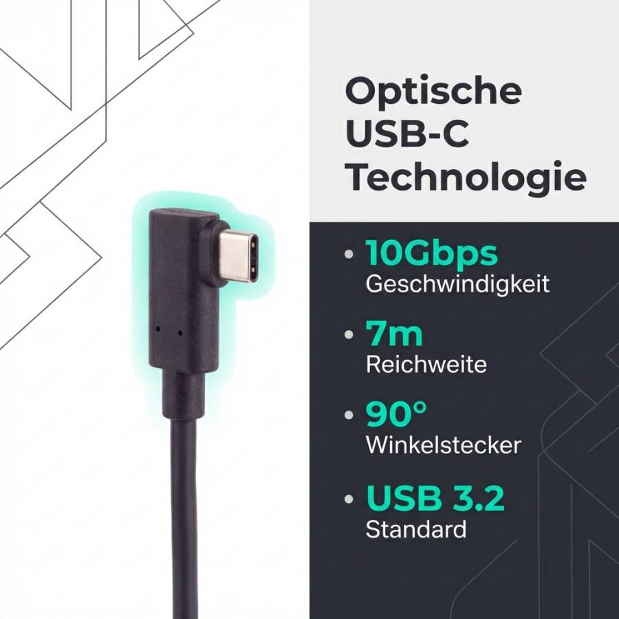 Werbegrafik für optische USB-C-Technologie mit einem rechtwinkligen USB-C-Kabel und folgenden Funktionen: 10 Gbps Geschwindigkeit, 7 m Reichweite, 90°-Stecker, USB 3.2 Standard.