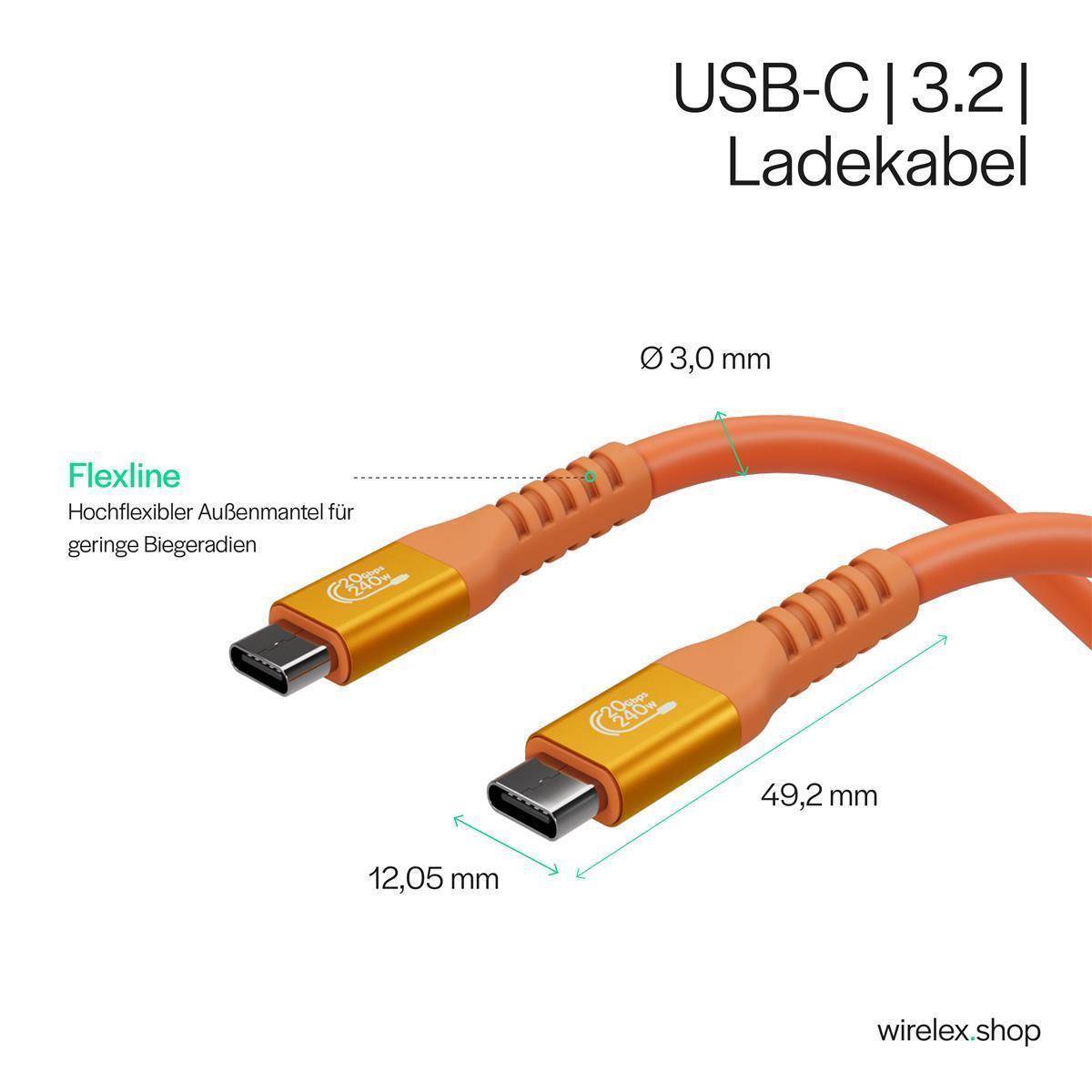 Flexline®-USB-C® Ladekabel, USB 3.2, 240W, orange, 0,25m