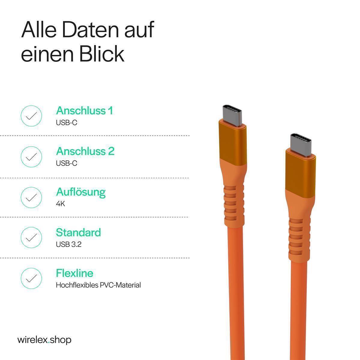 Flexline®-USB-C® Ladekabel, USB 3.2, 240W, orange, 0,25m