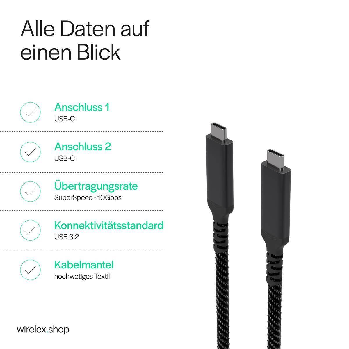 Flexline®-USB-C Ladekabel, 3.2, 100W PD, Textil, 1m