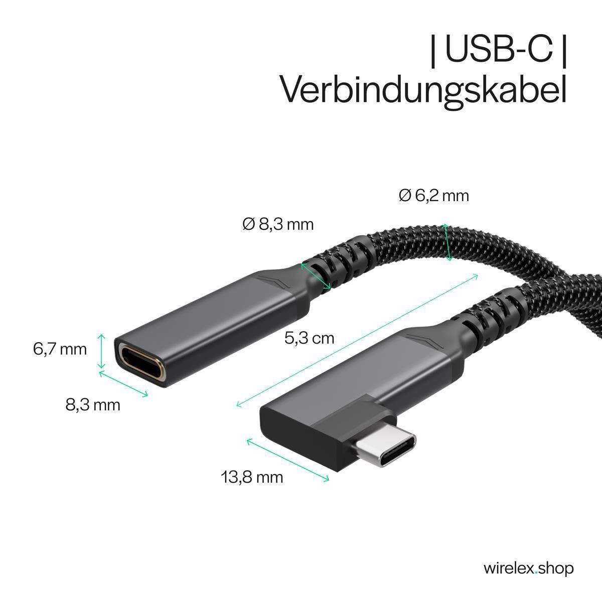 Flexline®-USB-C Verlängerungskabel, 3.2, 90°, PD, Textil, 0,5m