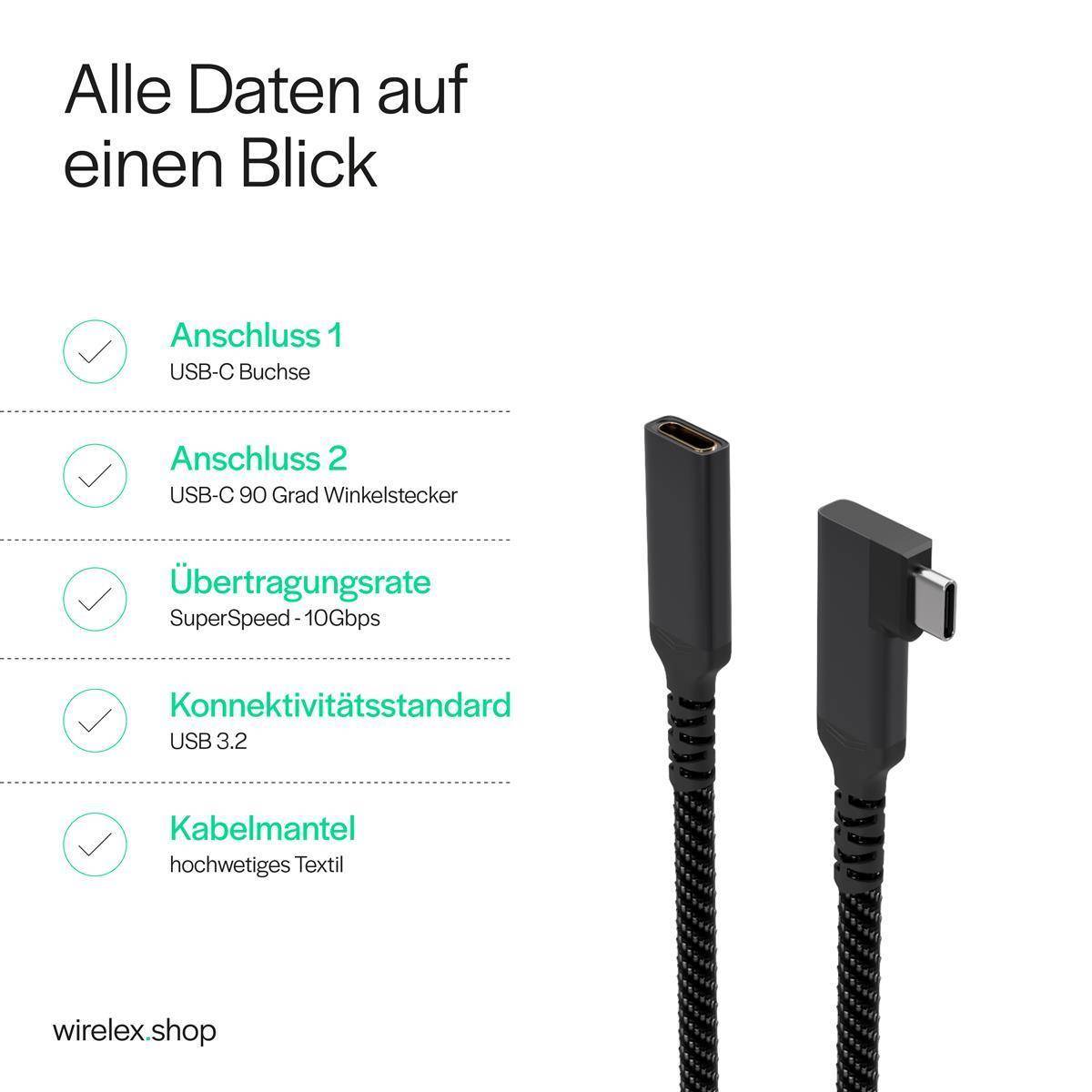 Flexline®-USB-C Verlängerungskabel, 3.2, 90°, PD, Textil, 0,5m