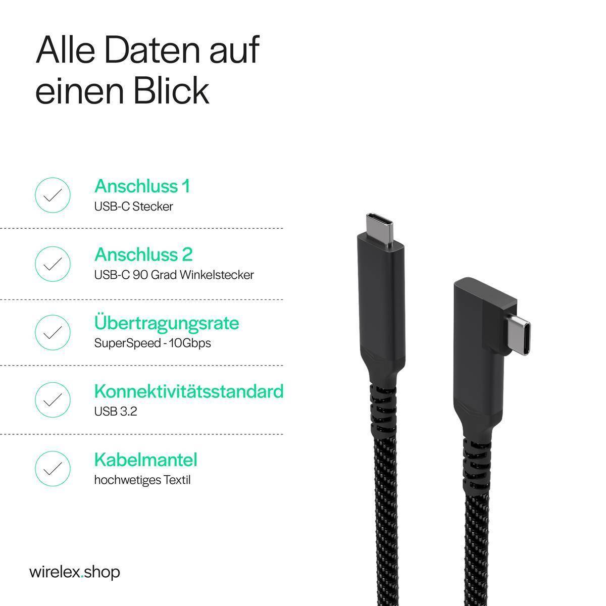 USB-C Ladekabel, 3.2, 90°, 100W PD, Textil, 2m