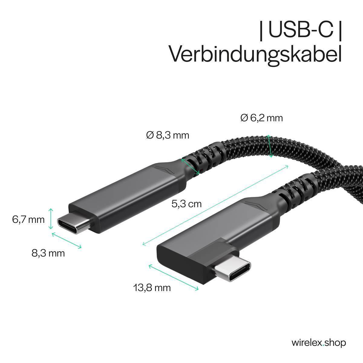 USB-C Ladekabel, 3.2, 90°, 100W PD, Textil, 2m