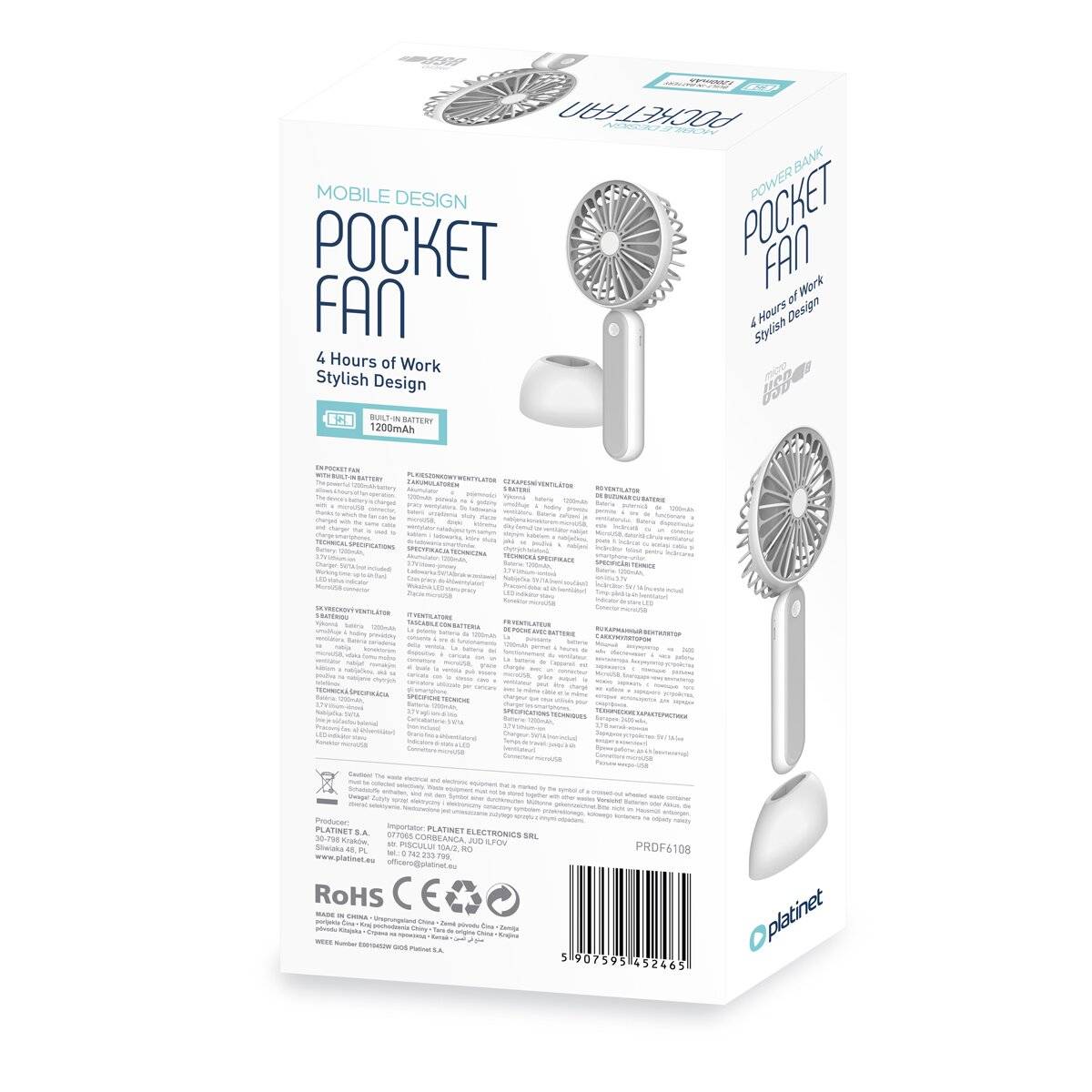 Platinet Akku Tischventilator 1200 mAh 3W 3 Stufen Weiß Grau