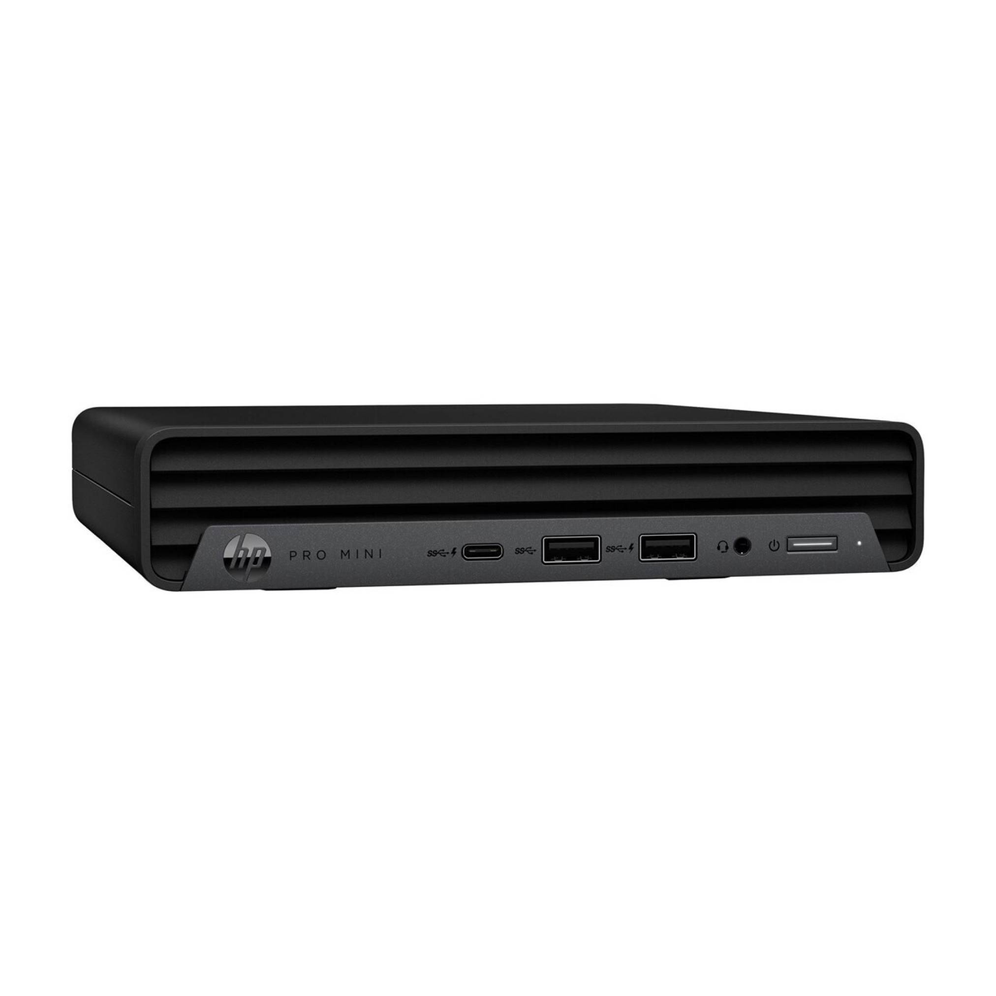 Frontansicht eines schwarzen HP Pro Mini Desktop-Computers mit nach vorne ausgerichteten USB- und Audioanschlüssen.