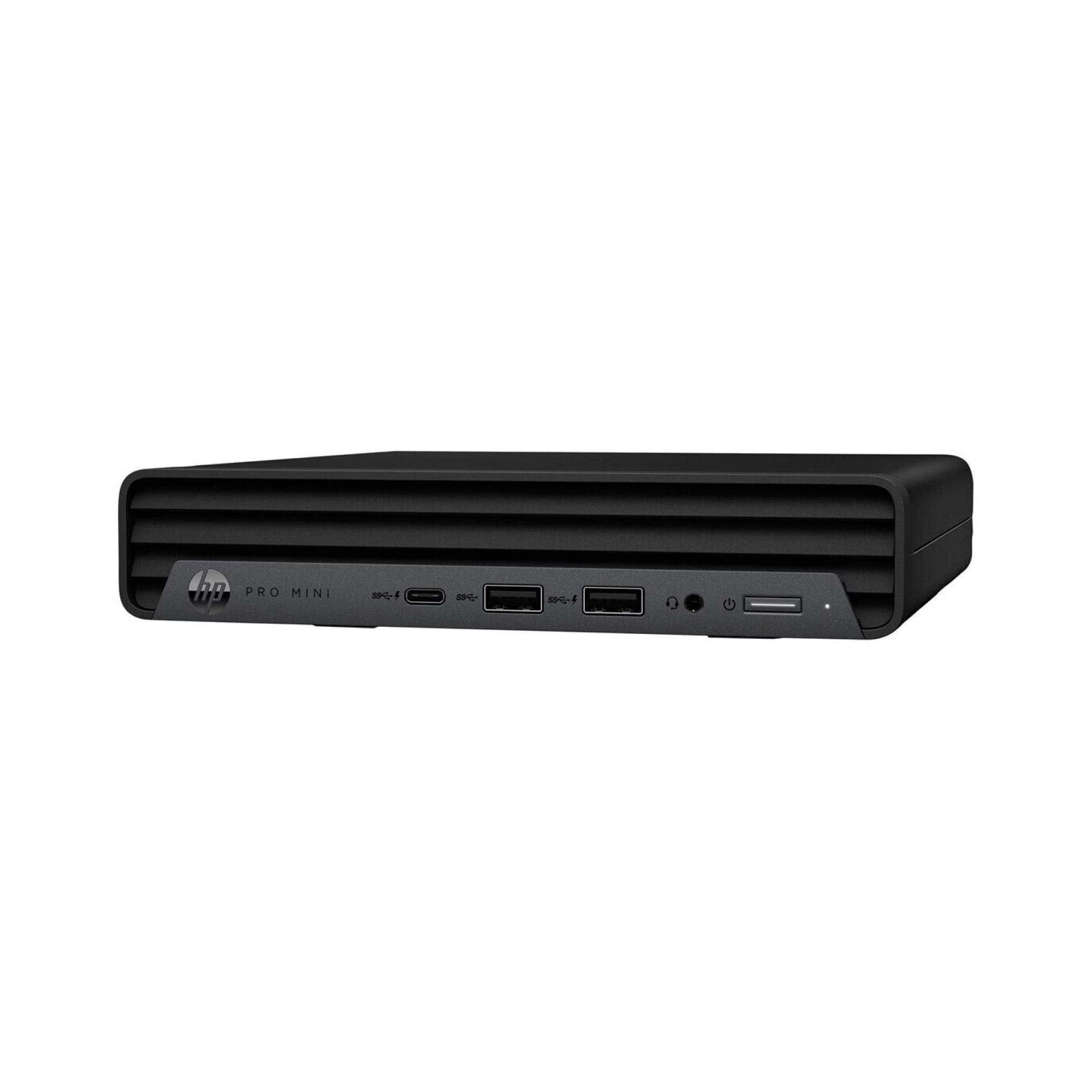 Schwarzer HP Pro Mini Desktop-Computer in Vorderansicht mit Belüftungsschlitzen und USB-/Anschlussverbindungen auf der vorderen Blende.