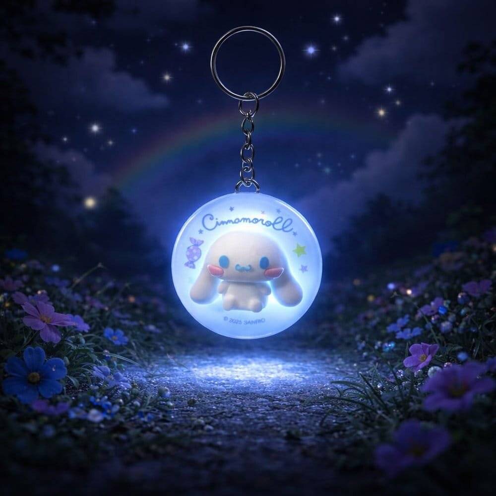 Leuchtender Cinnamoroll-Schlüsselanhänger-Charm mit einer kleinen Figur in einem runden Anhänger, der über einem mondbeglänzten Weg mit Blumen und einem Regenbogen hängt.