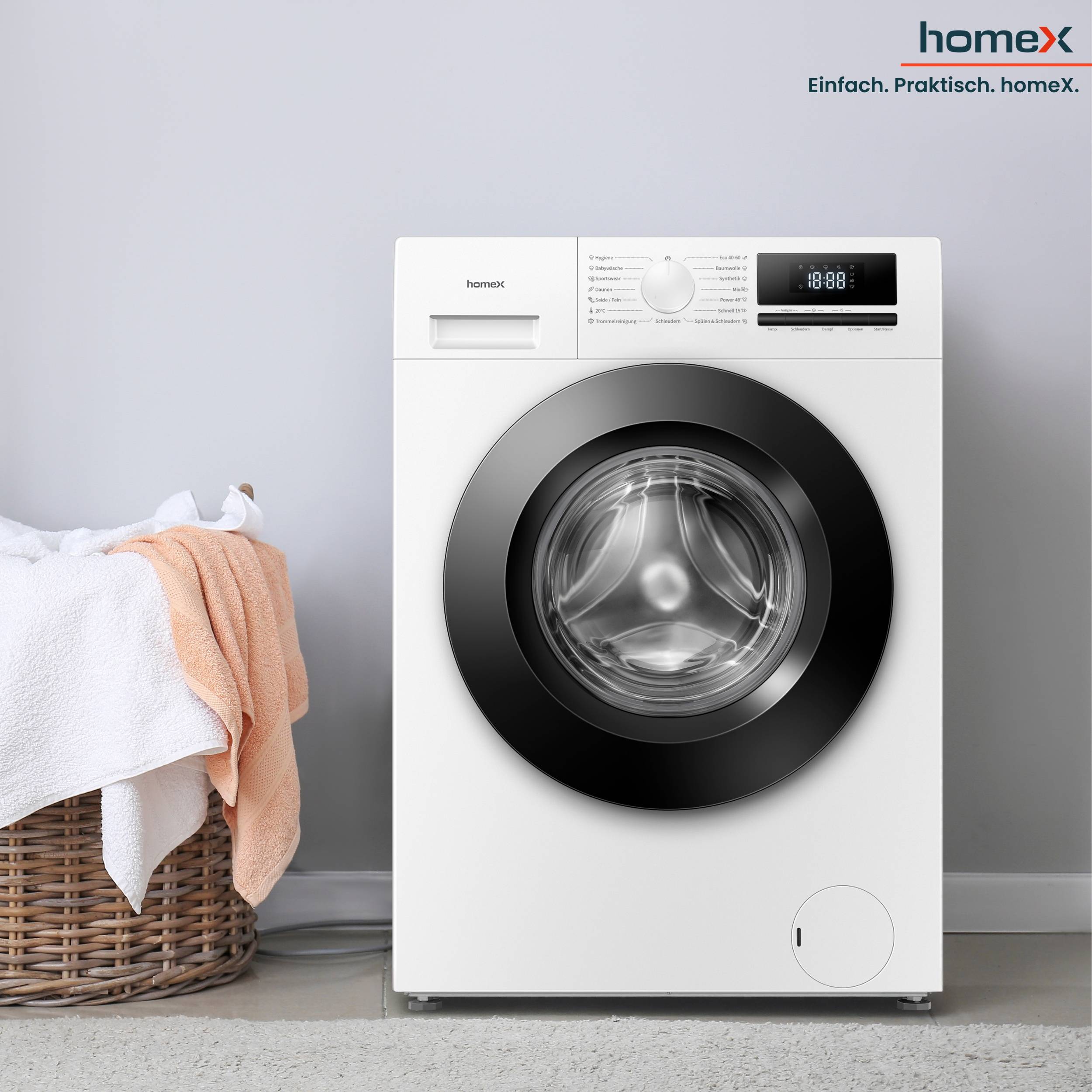 homeX WF814H1A-W Waschmaschine 8kg, Frontlader - 1.400 U/Min, Dampffunktion, AquaStop, Inverter Motor, 15 Programme