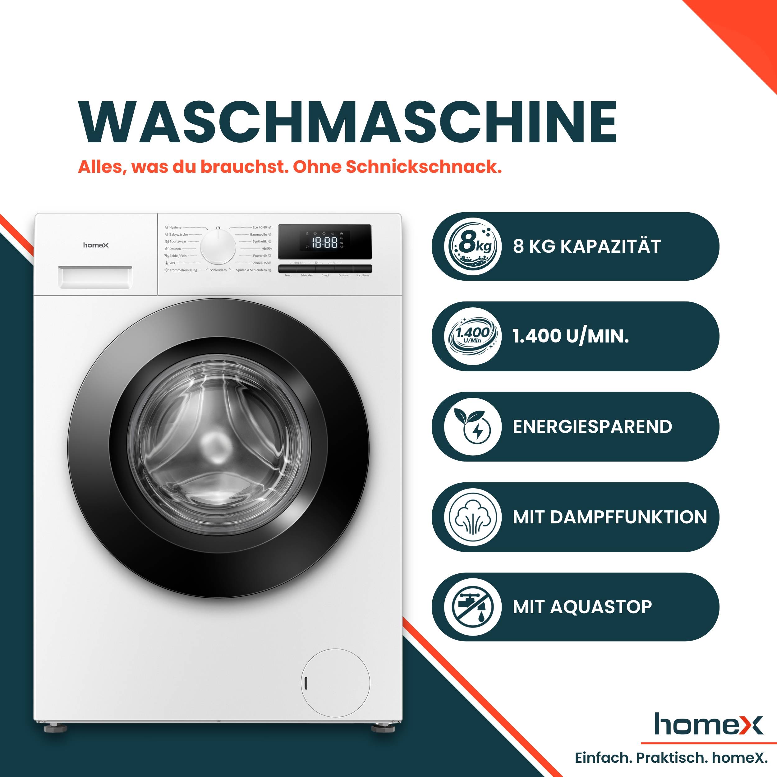 homeX WF814H1A-W Waschmaschine 8kg, Frontlader - 1.400 U/Min, Dampffunktion, AquaStop, Inverter Motor, 15 Programme