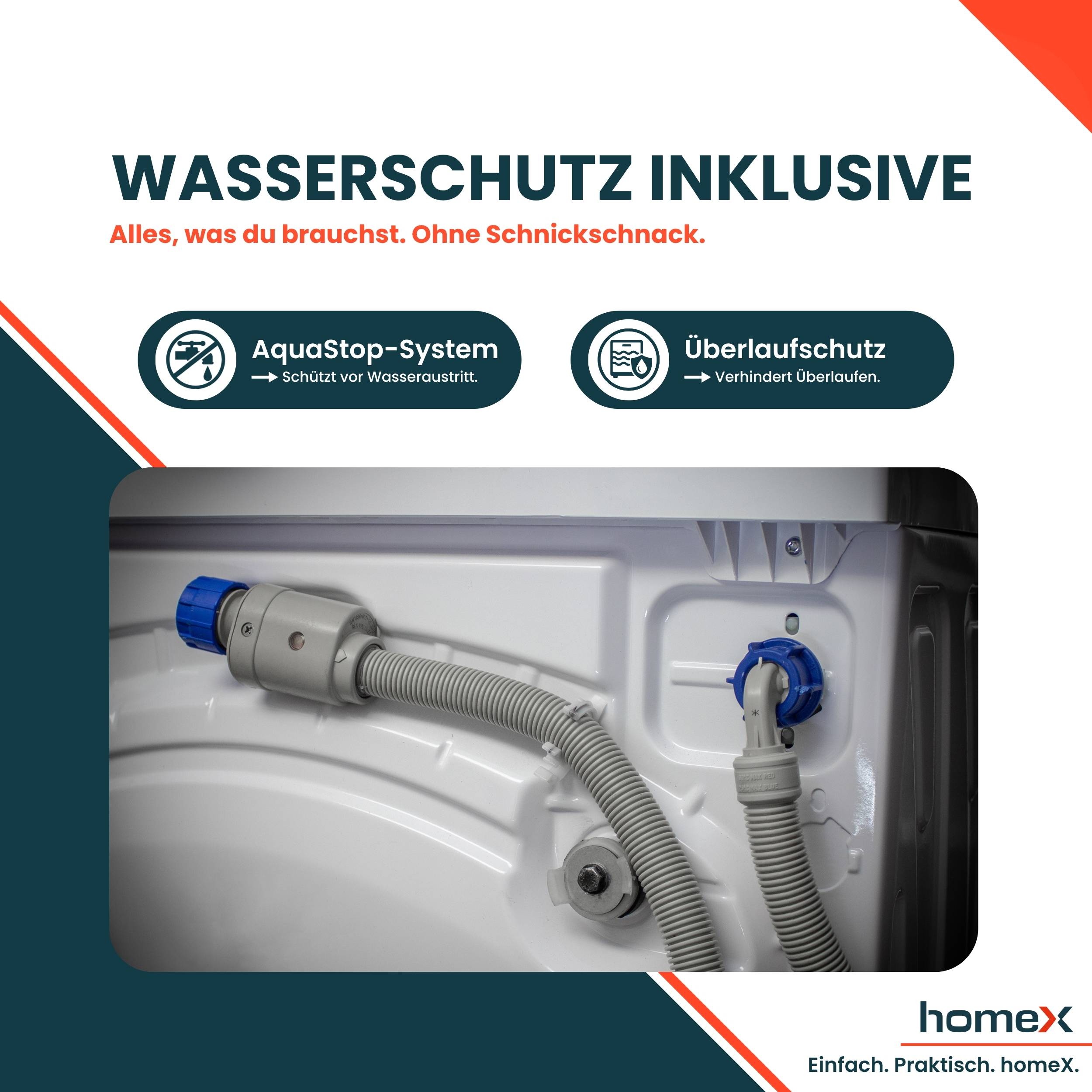 homeX WF814H1A-W Waschmaschine 8kg, Frontlader - 1.400 U/Min, Dampffunktion, AquaStop, Inverter Motor, 15 Programme
