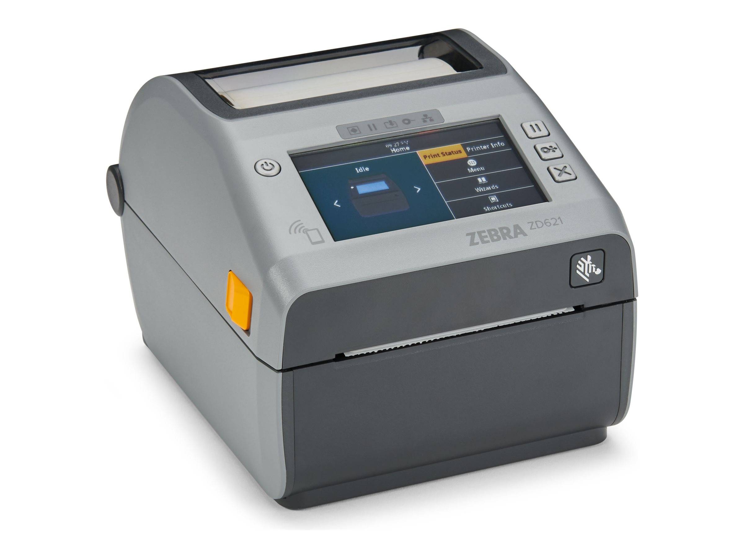 Grauer Zebra-Industrieetikettendrucker mit Touchscreen-Display, oben angebrachtem Deckel und Steuertasten an der Seite auf weißem Hintergrund