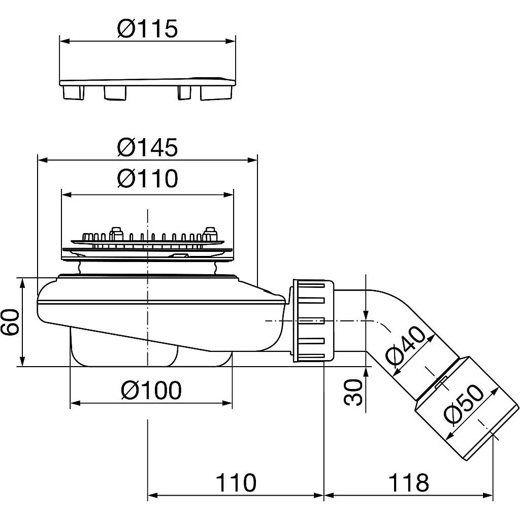 Technische Strichzeichnung einer Sanitärentwässerungsfitting mit Drauf- und Seitenansicht, die wichtige Abmessungen in Millimetern zeigt: Ø115, Ø145, Ø110, Ø100, Ø40, Ø50, 60, 30, 110 und 118.