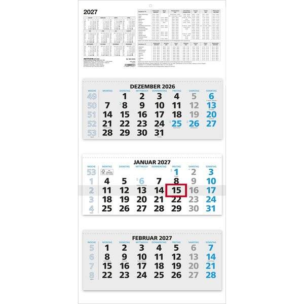 Dreimonatskalender 953 33,5x71cm blau 2027