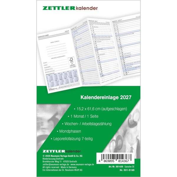 Kalenderersatzeinlage 501 für Taschenplaner 8,8x15,2cm 1 Monat/1 Seite Leporello 2027