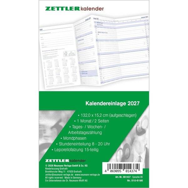 Kalendereinlage Faltplaner Leporello 8,8x15,2cm 2027