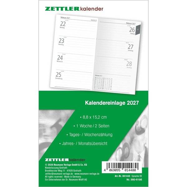 Ersatzeinlage 560 für Taschenkalender 8,8x15,2cm 1 Woche/2 Seiten 2027