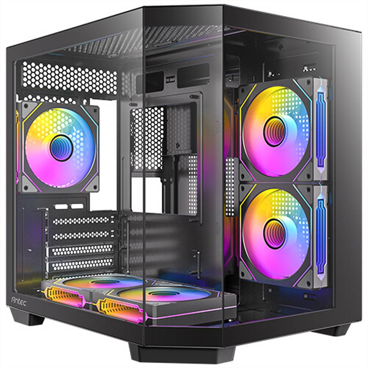 Offenes schwarzes PC-Gehäuse mit gehärtetem Glas und regenbogenfarbig beleuchteten Lüftern im Inneren installiert.