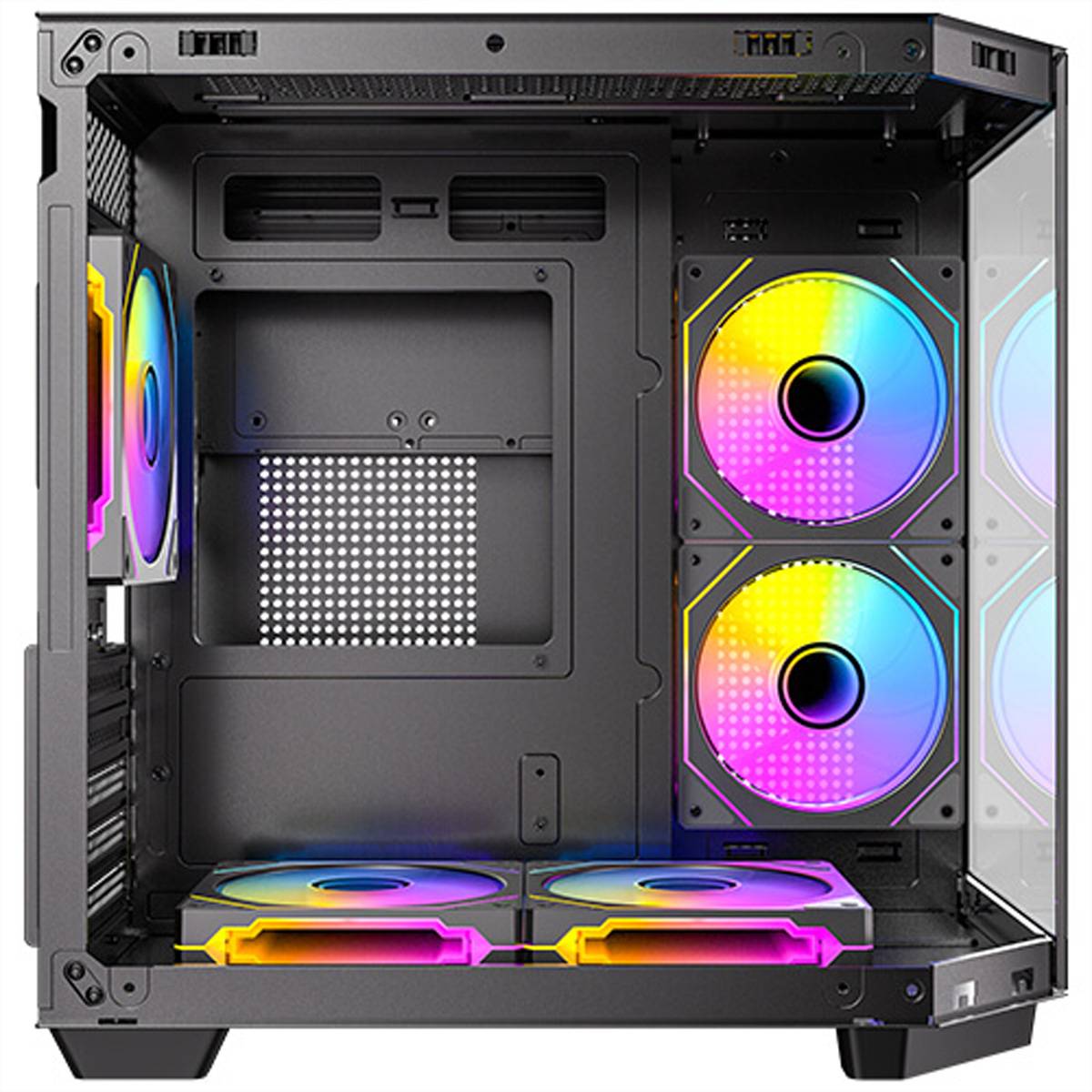Offenes schwarzes PC-Gehäuse-Inneres mit RGB-Lüftern: zwei untere Lüfter, zwei seitliche Lüfter und ein hinten sichtbarer Lüfter, die das Layout eines Gaming-Computer-Gehäuses zeigen.