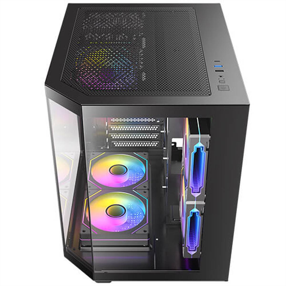 Schwarzes Desktop-PC-Gehäuse mit gehärtetem Glasseitenpanel, das RGB-beleuchtete Lüfter und interne Komponenten zeigt.