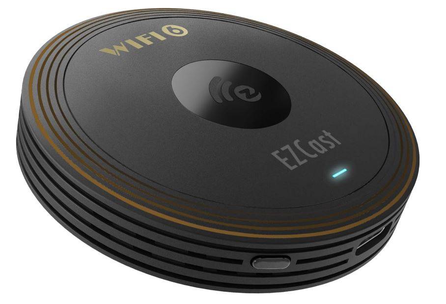 Kompaktes rundes WiFi-Gerät mit der Beschriftung 