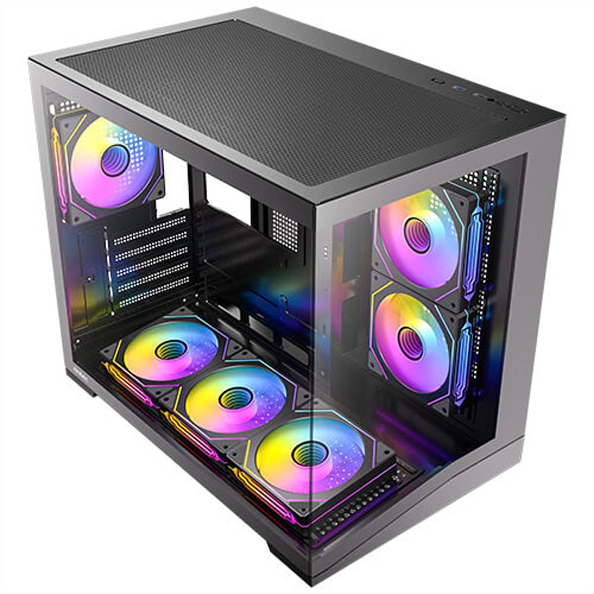 Offener PC-Gehäuse mit gehärtetem Glaspaneel und mehreren RGB-beleuchteten Kühlventilatoren im Inneren.