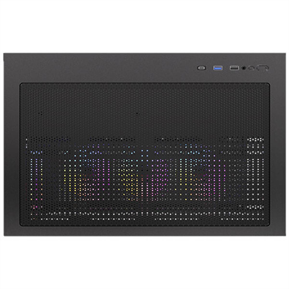 Schwarzes Computer-Gehäuse mit durchlöchertem Mesh-Fenster an der Vorderseite, das RGB-beleuchtete Innenkomponenten und oben angebrachte Anschlüsse/Tasten zeigt.