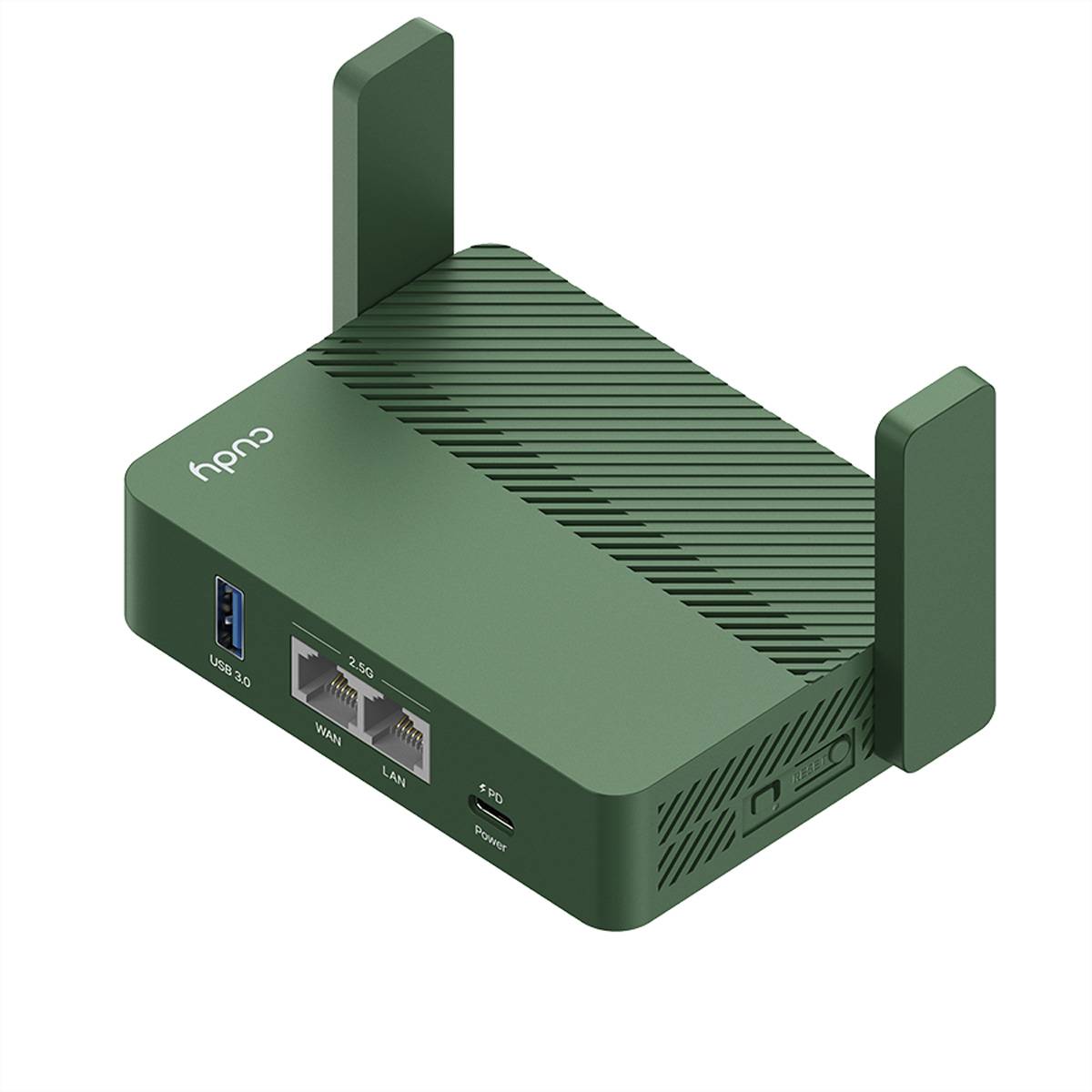 Grüner Cudy Wi-Fi-Router mit zwei aufrechten Antennen, USB- und Ethernet-Anschlüsse auf der Vorderseite sichtbar.