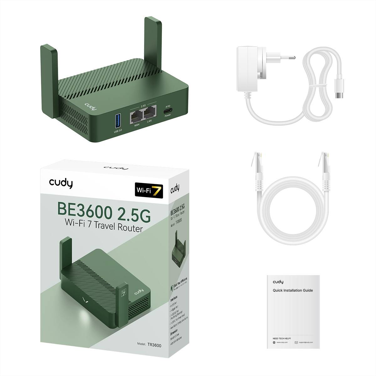 Cudy BE3600 2.5G Wi-Fi 7 Reiserouter-Set mit Router, Netzteil, Ethernet-Kabel und Schnellinstallationsanleitung.