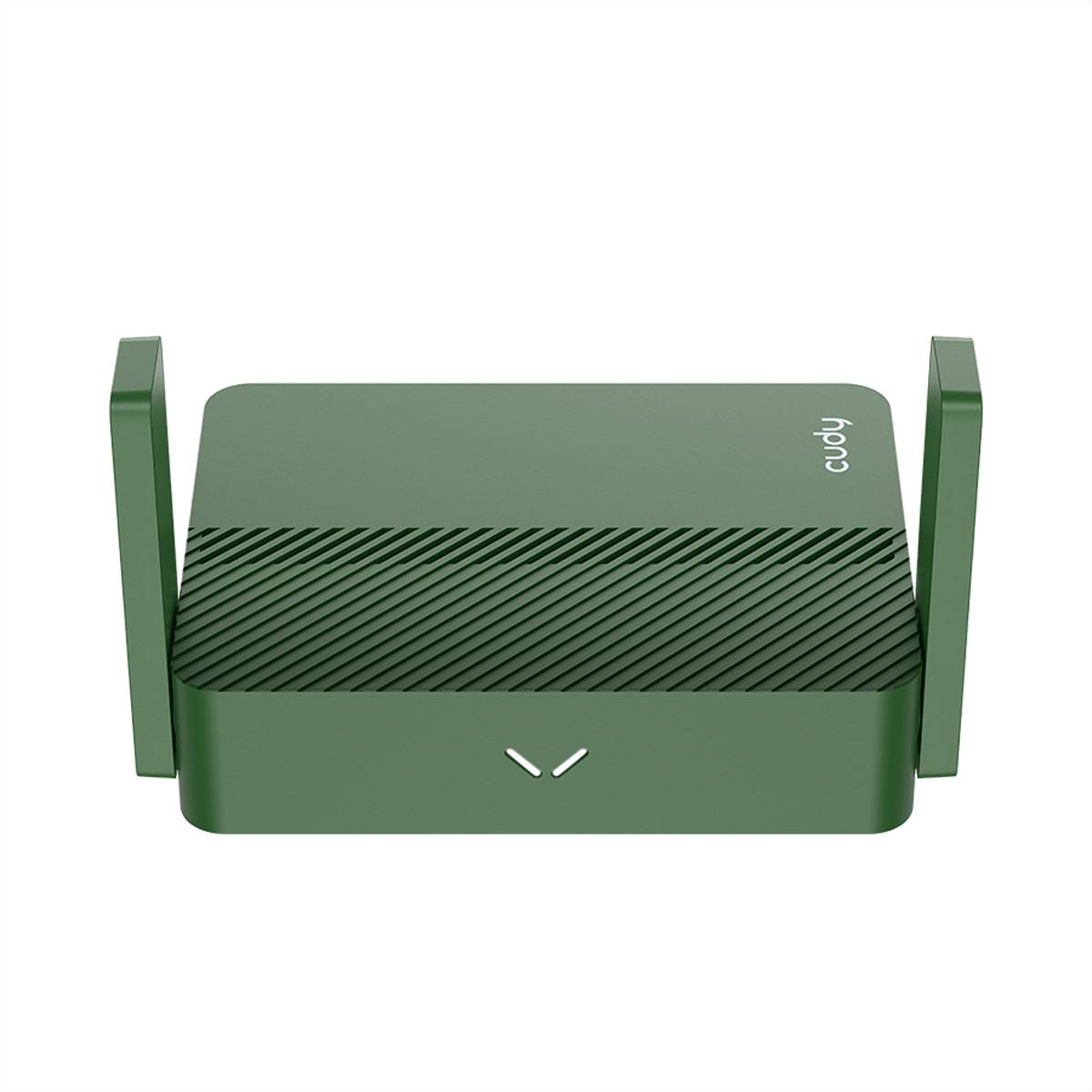 Grüner Cudy Wireless Router mit zwei aufrechtstehenden Antennen auf weißem Hintergrund.