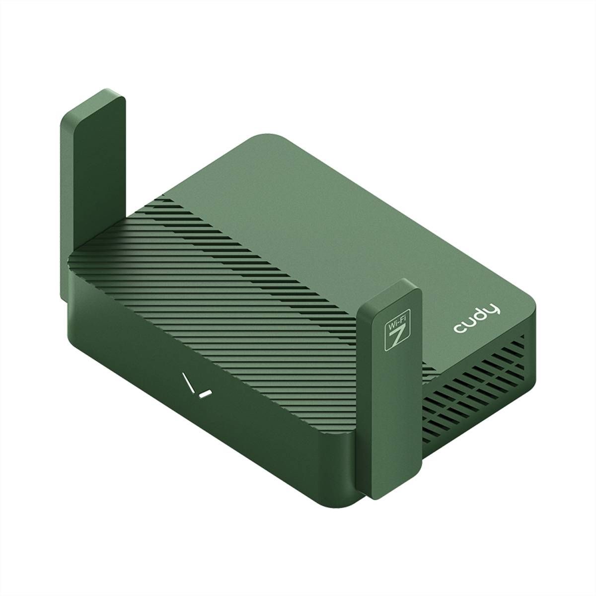 Grüner Cudy Wi-Fi-Router mit zwei aufrechten Antennen auf weißem Hintergrund.