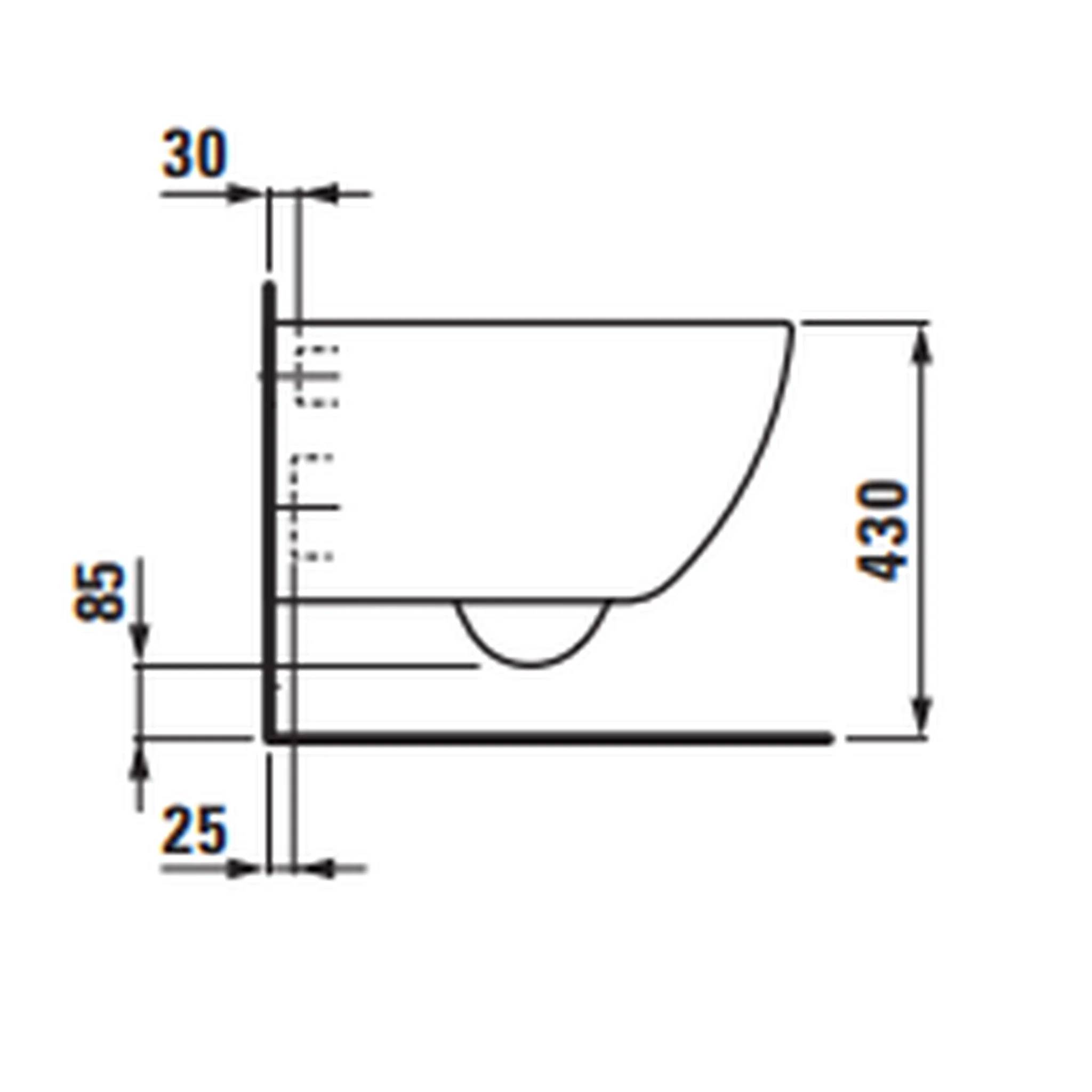 Technische Seitenansicht eines an der Wand montierten Sanitärgeräts, das ein gekrümmtes Beckenprofil mit den Abmessungen 430, 85, 30 und 25 zeigt.